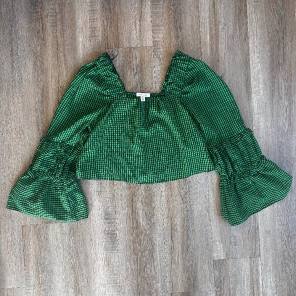 Topshop Green Checkered Tiered Sleeve Top Size 4 - Picture 1 of 4